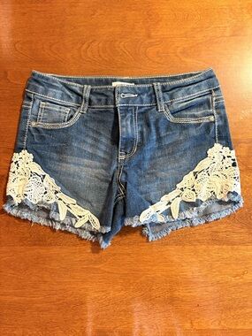 Falls Creek Blue Denim Shorts with Cream Crochet Trim